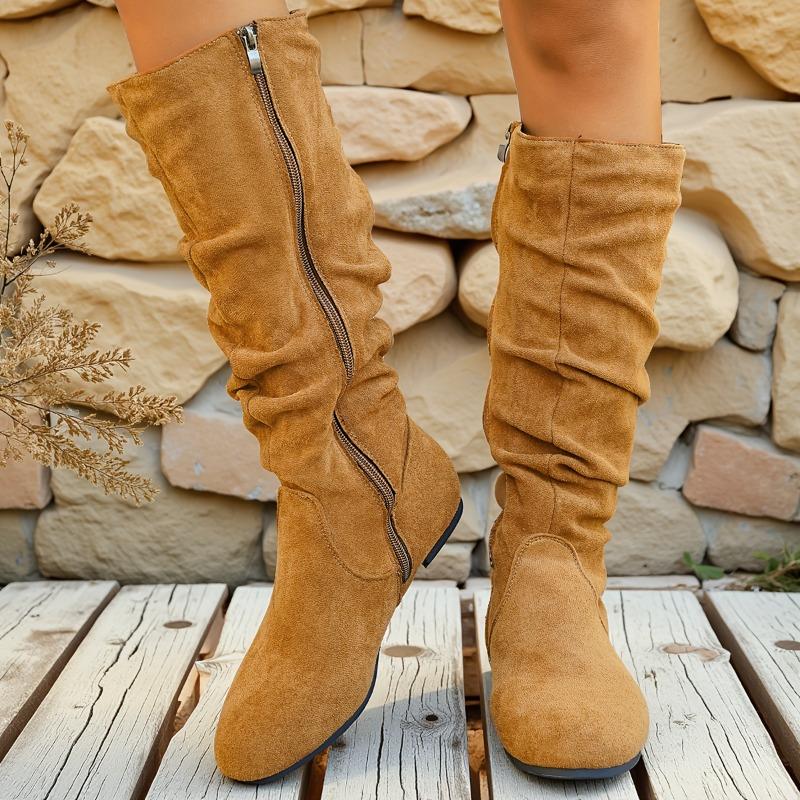 High Stack Boots Autumn New Pointed Toe Side Zipper Soft Sole Non-Slip Wear-Resistant Pleated Low Heel Shoes