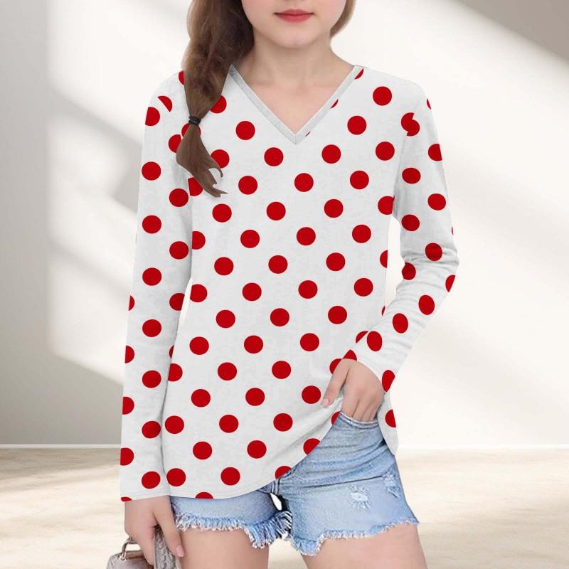 Womens V-Neck Long Sleeve Loose Fit T-Shirt With Polka Dot Print Casual Oversized Top Daily Wear