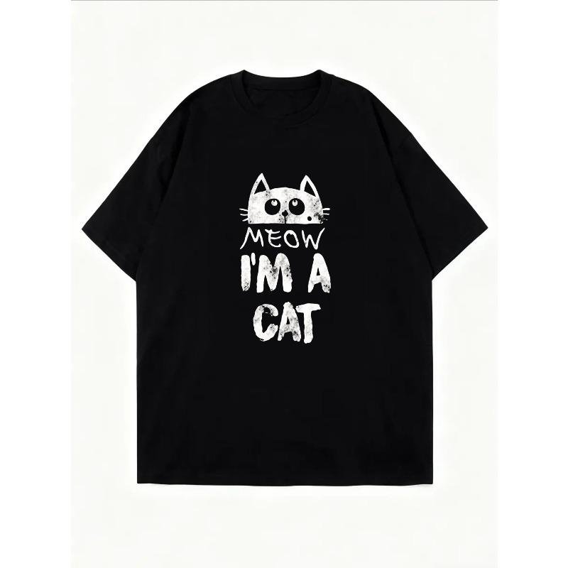 White Short Sleeve T Shirt With Cat Print For Casual Wear