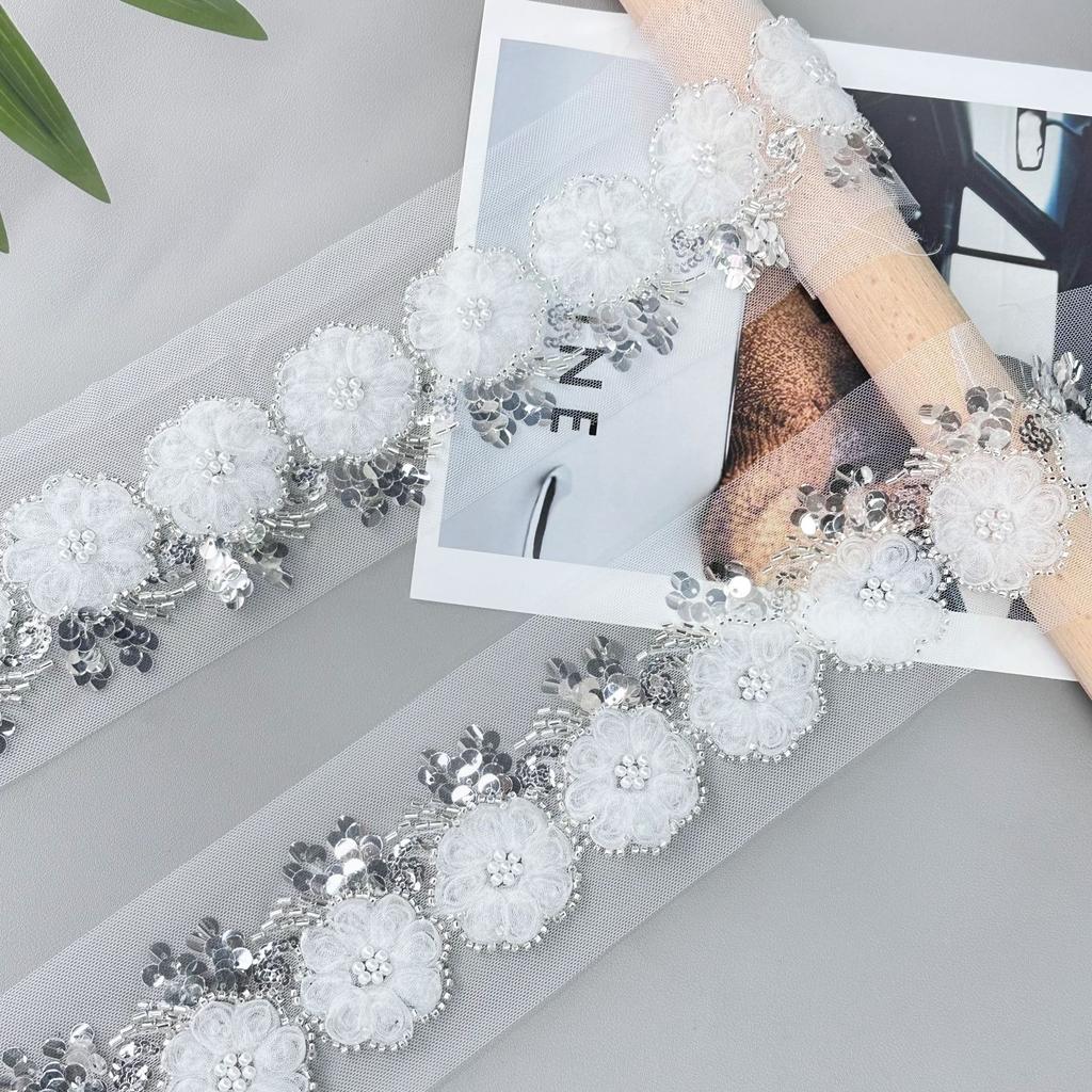 White Heavy Industry Woven Disc With Sequined Rice Beads Three-Dimensional Lace Clothing Hanfu Wedding Accessories