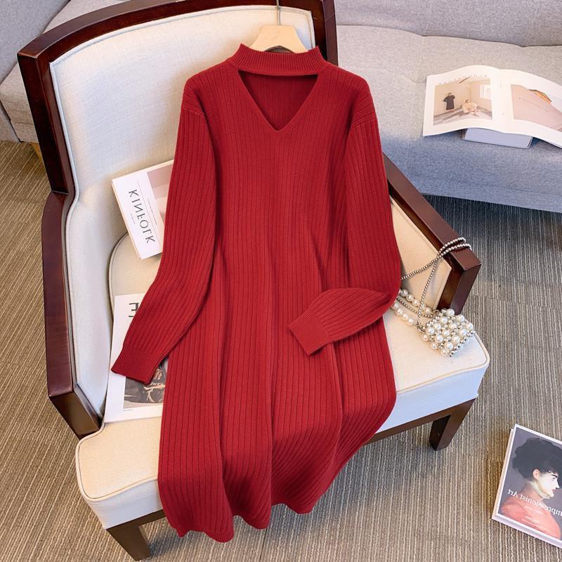 Übergröße Gestricktes V-Ausschnitt Langkleid - Koreanische Mode, Herbst/Winter, Lockere Passform, 3XL