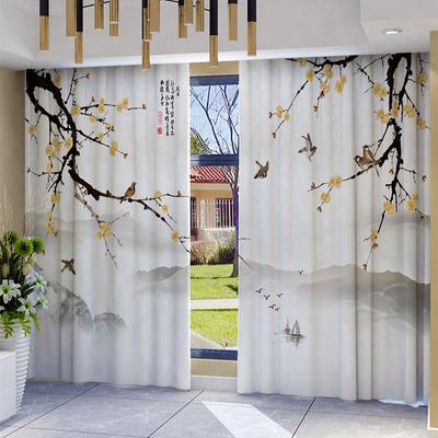 2PCS Chinese Style Curtain Peach Blossom Lotus Chinese Ink Painting Cortinas De Salon Bedroom Floor-to-ceiling Window Large Size