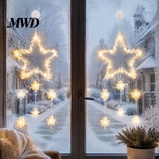 New Year Festive Atmosphere Light LED Christmas Window Star Decoration, Battery Operated Hanging Warm Non Punching Wall Ornament Lighted Shaped