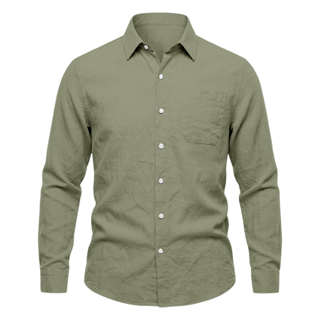 Men’s Linen Long Sleeve Shirt with Classic Turn-Down Collar and Single Chest Pocket Casual Relaxed Fit for Spring and Autumn