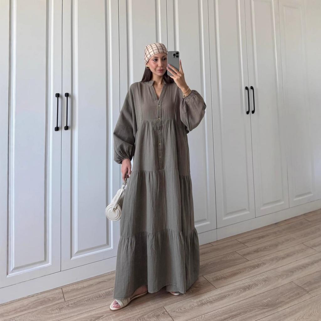 New Women's Long Sleeve Dress, Loose Solid Color Casual Vacation Dress, Vintage Style Button Fashion Dress for Women European American Style
