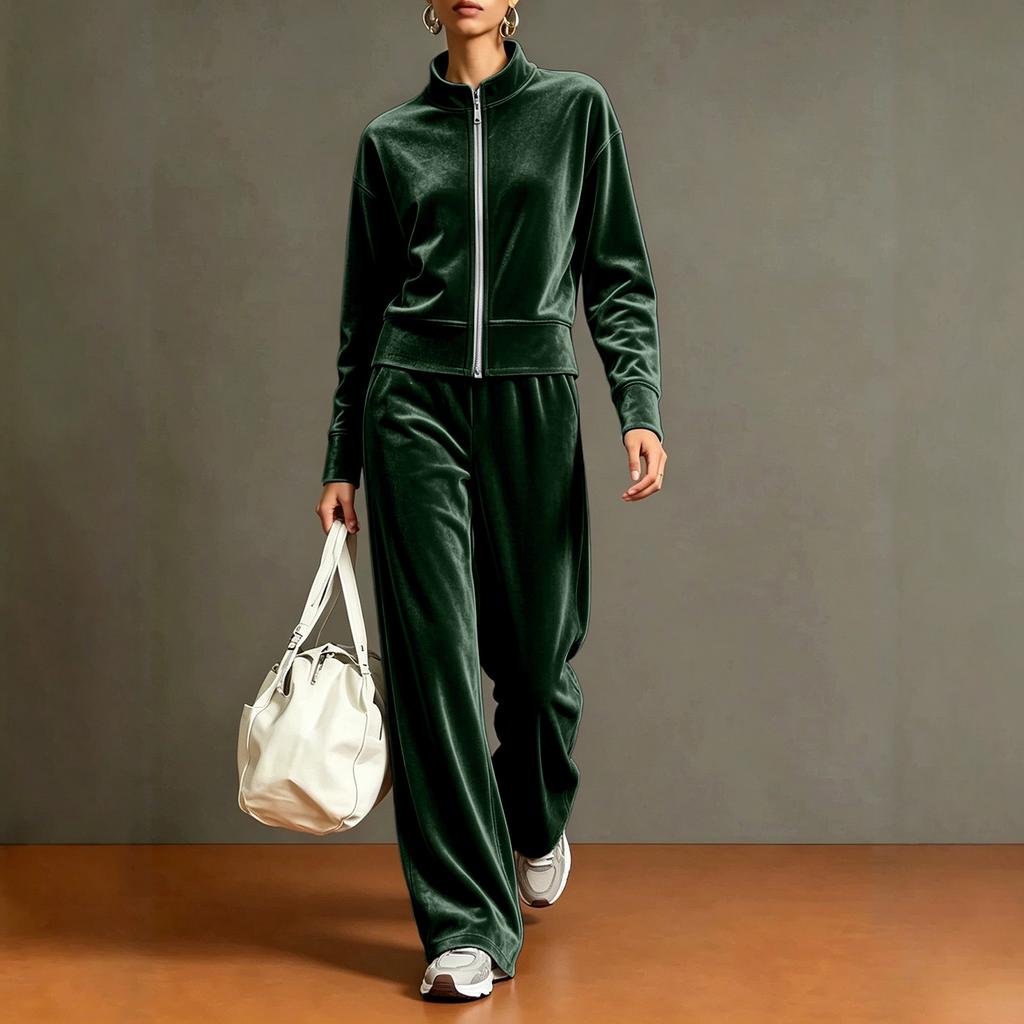 Women's Casual 2 Piece Set - Color Stand Collar Cardigan with Wide Leg Pants