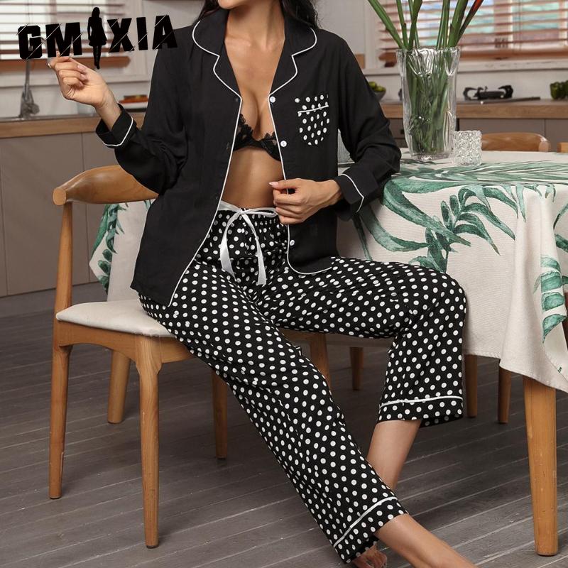 GMXIA Homewear Suit Autumn and Winter Models Polka Dot Long-sleeved Cardigan Shirt Trousers Pajamas Two-piece Set