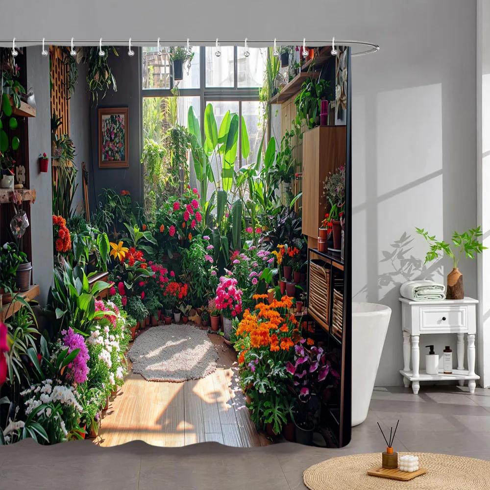Outdoor Garden Poster Shower Curtain Vintage Window Wall Growing Floral Plants Polyester Fabric Shower Curta Bathroom Decor