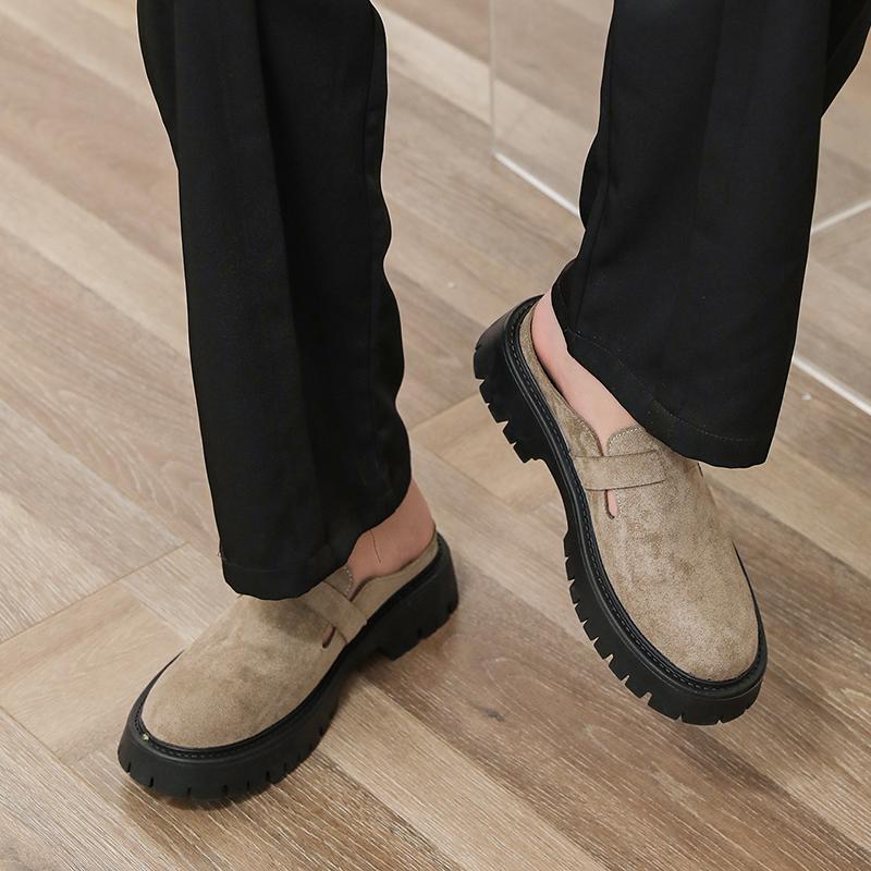 4CM Height Increasing Mules Slippers for Men Fashion Close Toe Slides Home Shoes Outdoor Clogs Suede Leather Platform Sandals