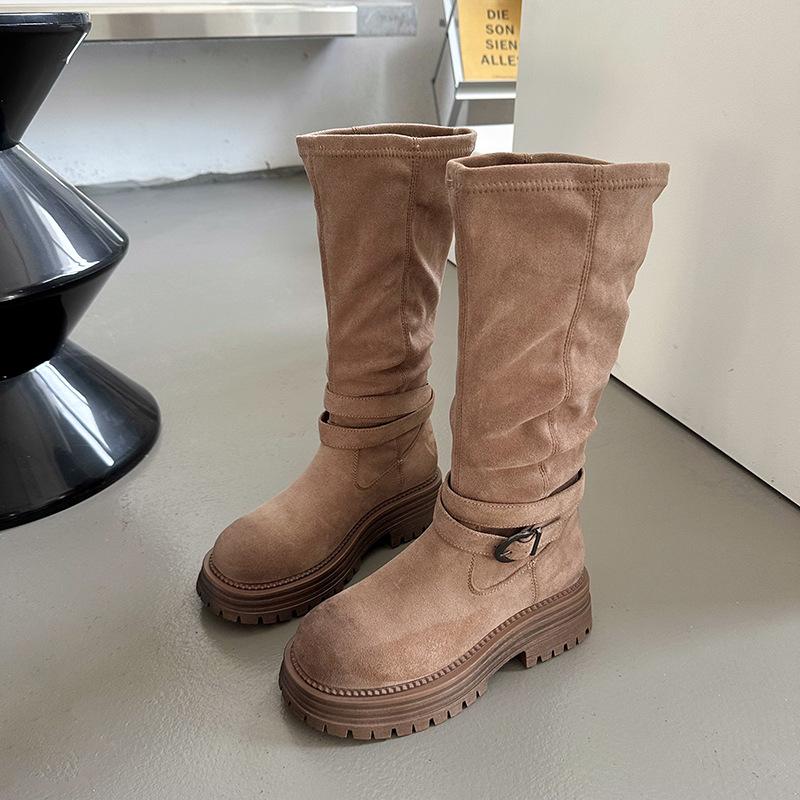 

Thick-soled medium-heeled Martin boots, women s British style belt buckle, polished short boots, new versatile stacking boots in autumn and winter 2 40 хаки