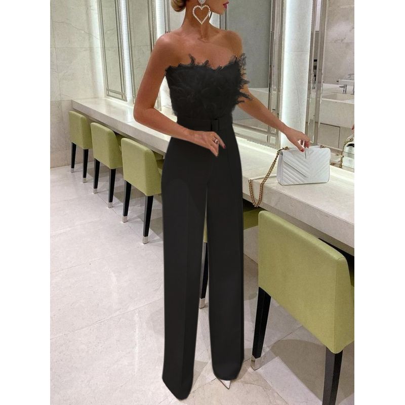 

Sexy Birthday Party Feather off-the-Shoulder Stitching Jumpsuit Sexy Party Strapless Jumpsui black S
