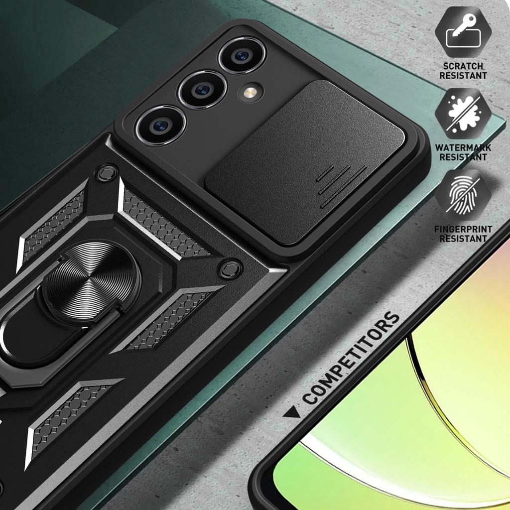 For Samsung Galaxy S23 FE Slide Lens Lid PC+TPU Phone Case Ring Kickstand Back Cover
