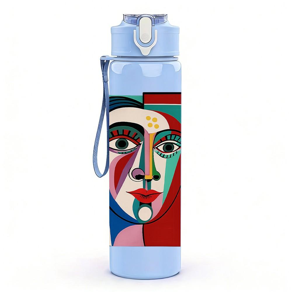 1PC Picasso Style Abstract Lady Print 750ml Color Plastic Sports Water Bottle Leakproof Flip Straw Lid Suitable for Sports Office Home Use