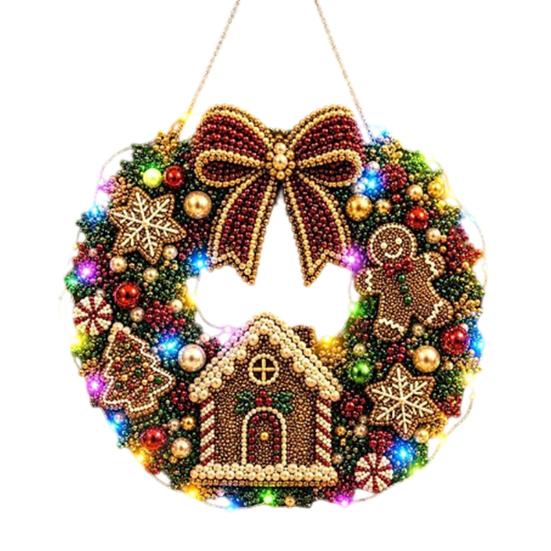 Funkelndes Edelstein Bastelset DIY Acryl Weihnachten Kunstperlen Aufhänge-Set, Beleuchteter Kranz 3D Perlen-Sets für Erwachsene Set mit LED-Lichterkette