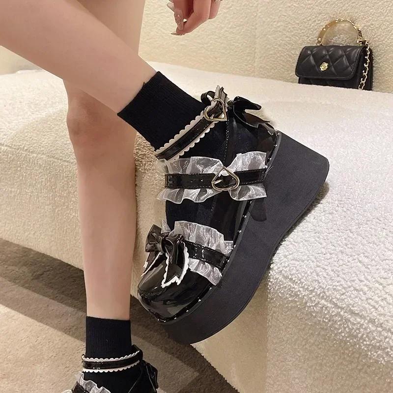 Japanese Kawaii Punk Goth Chunky Platform Pumps Women Bowtie Wedges Mary Jane Lolita Shoes Woman Heart Ankle Buckle Black Shoes