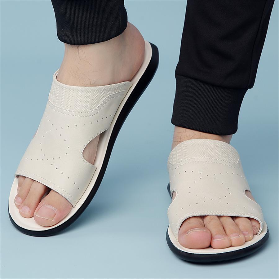 Slippers for Men Cowhide Leather Slipper Outdoor Leisure Beach Slippers Men's Flat Slippers Summer Holiday Roman Sandals