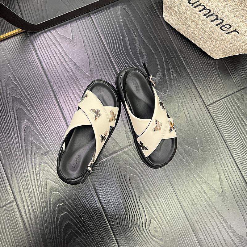 Butterfly buckle cross belt platform sandals women's new summer cowhide casual versatile flat beach shoes