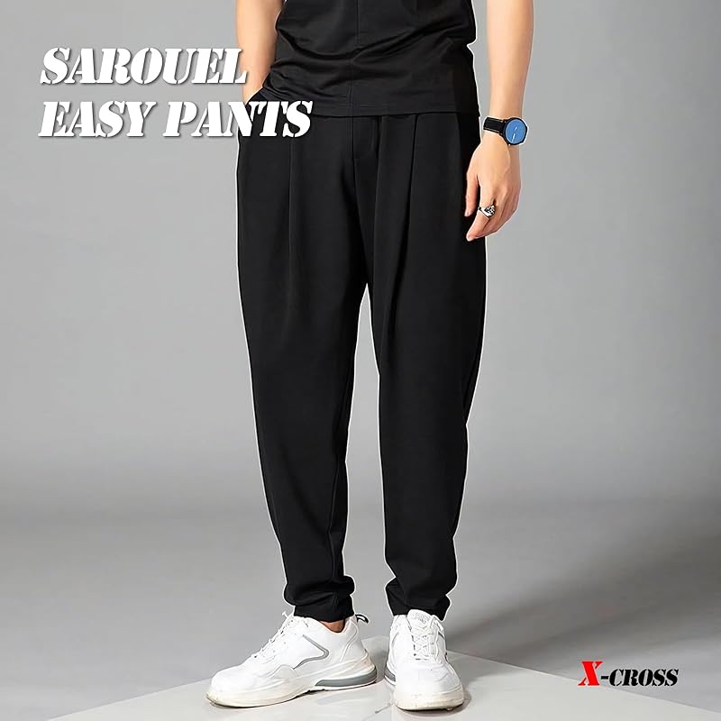 [X-cross] Cross Easy Pants Stretch Men's Relaxing Extend Black Outdoor Street Fashionable Hemmed Room Wear Thin Plain Color Tapered Room Pants Soft