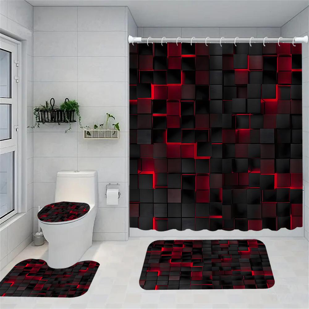 1/4 Brick Wall Shower Curtains, Toilet Seat Decoration, Shower Curtain With Carpet And Toilet Lid, 12 70.8X70.8 Inch Hooks