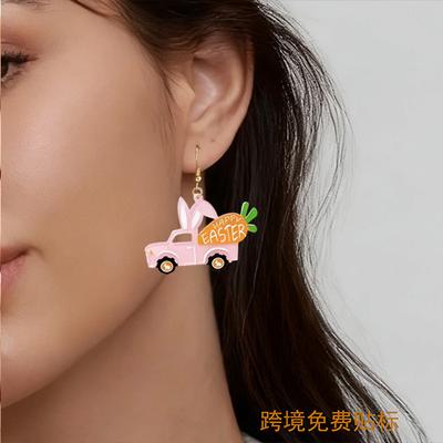 Zu Ostern Cartoon niedlicher Aufdruck Acryl Rosa Hase Wagen Karotte Ohrringe geeignet für den Alltag