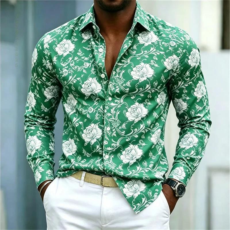 2026 new men's shirt European and American style red rose floral shirt men's slim fit long sleeved vacation casual style