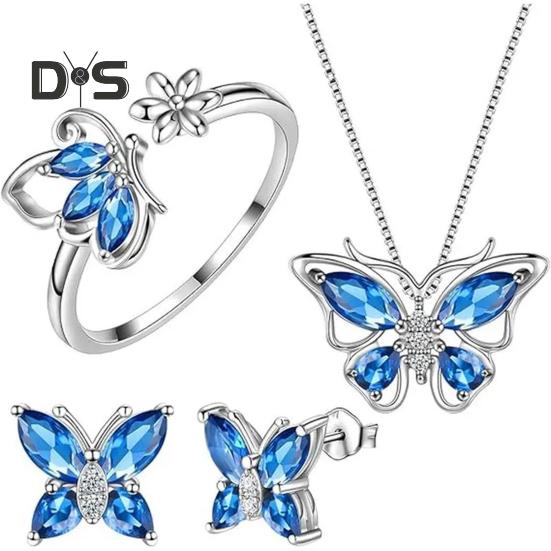 1 Set Jewelry Set Sparkling Rhinestones Inlaid Butterfly Pendant Necklace Ear Studs Opening Ring Set Jewelry Gift