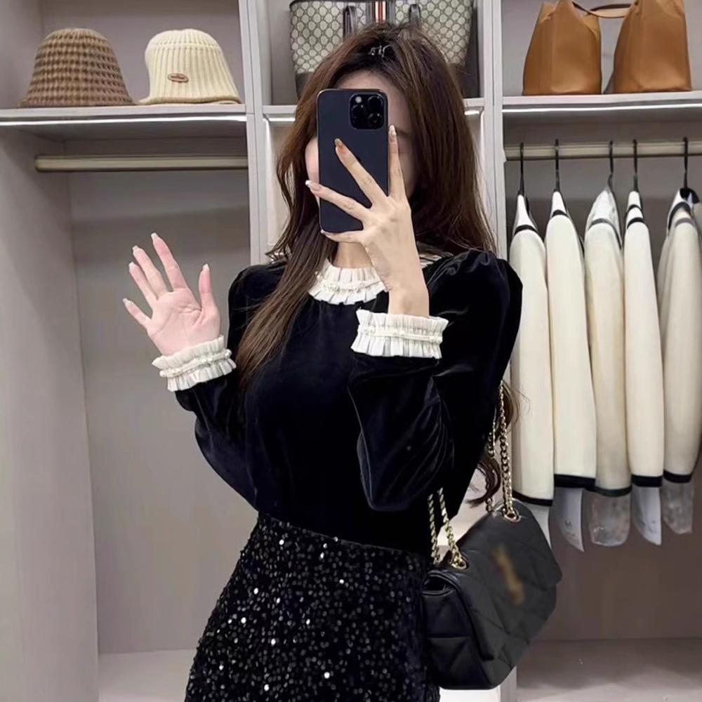 Women's Spring 2025 Black Velvet Lace Patchwork Top