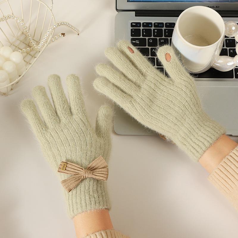Wind Bow Knitted Gloves Women's Winter Outdoor Cold Protection and Warm Wrist Guards Can Be Cute and Sweet
