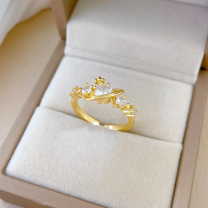 Real Gold Zircon Planet Full Diamond Ring Opening Adjustable Simple Jewelry Japanese Ring Couple Ring