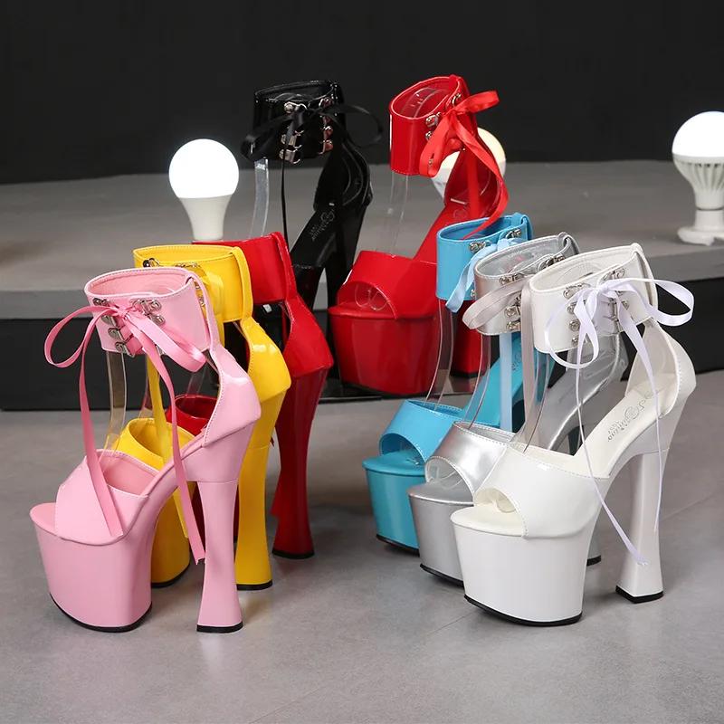 Fashion Super High Heels Lace-up Platform Women Sandals Summer Candy Color Walk Show Nightclub Pole Dance Open Toe Stripper Sandals