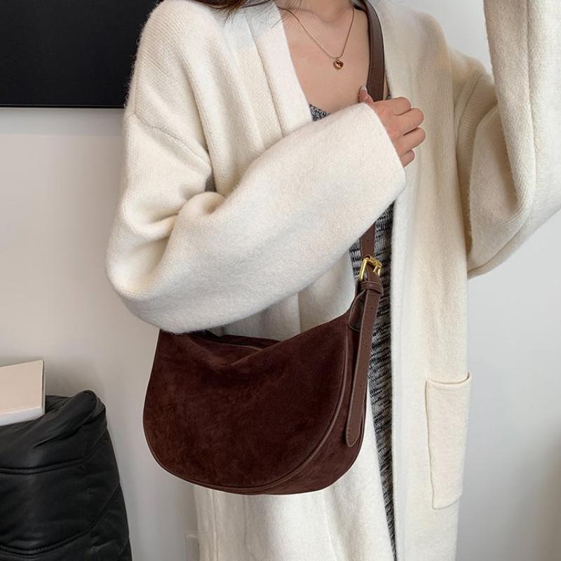 Zipper Solid Flannelette Single Women's Shoulder Bag Simple Retro Commuting Crossbody Bags 2026 New Style Suede Dumpling Bag