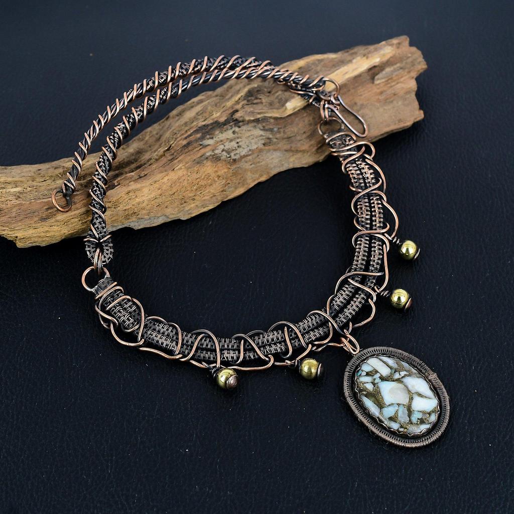 Copper Larimar 999 Copper Wire Wrapped Necklace, Handmade Gemstone Jewelry Necklace For Thanksgiving