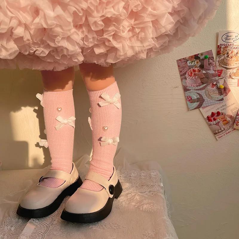 Korean Chic Calf Sock for Kids Girl Sweet Fashion Bow Heart Style Sock Spring Soft Cotton School Girl Pile Socks
