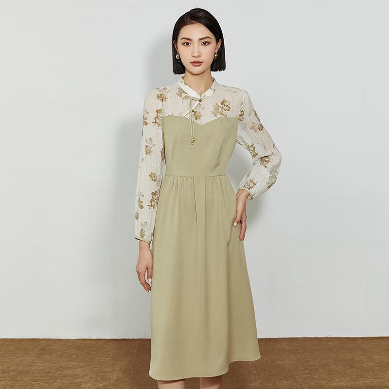 

Women s Retro Print Patchwork Long Sleeve Midi Dress M