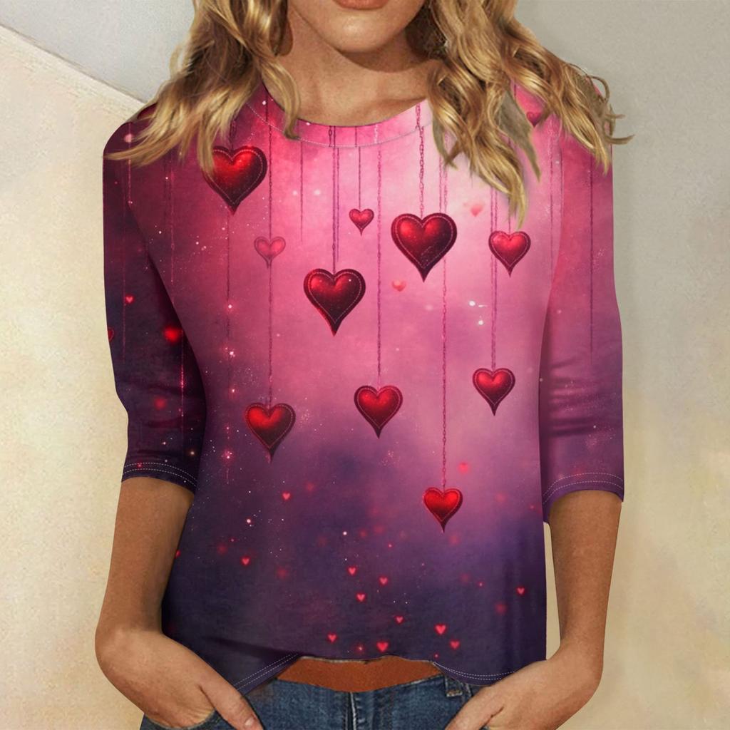 Women's Tops Three-quarter Sleeve Round Neck Loose Valentine's Day Printed T-shirt