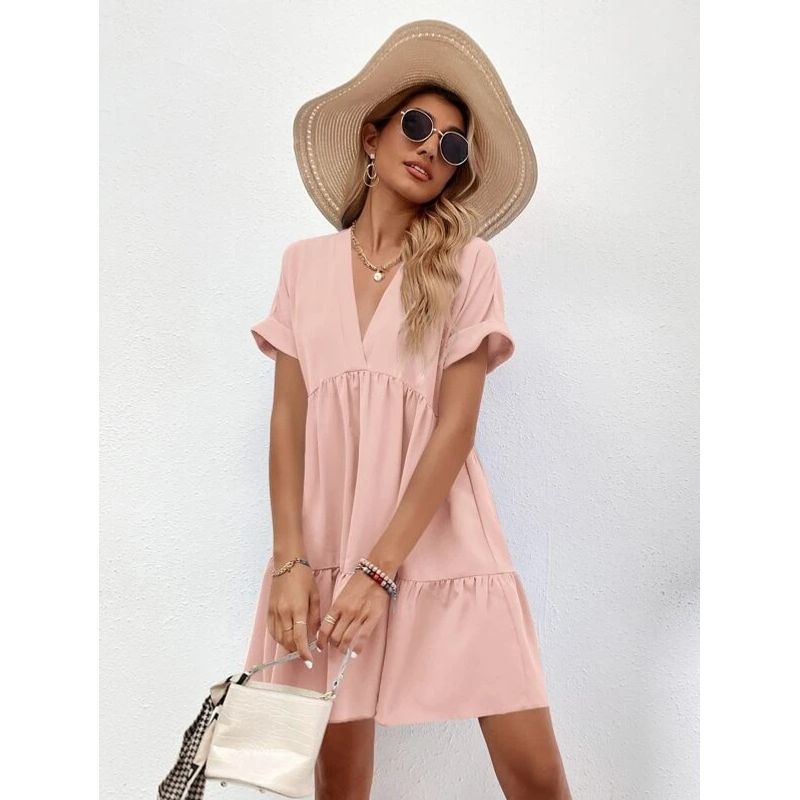 

Short Skirt Dress Summer New Arrival Women s Fresh Sweet V-neck Solid Color Wide Hem Casual Skirt Dress Pink XL