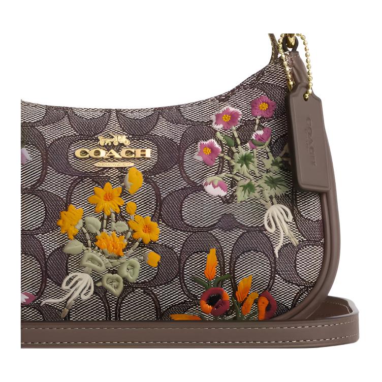 Coach Teri 20 Signature Jacquard Floral Embroidery Leather Shoulder Bag Small Women Bags Dark-Brown CDW65-IMPU7