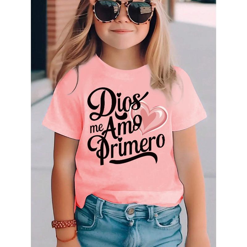 

European sizes Girls Summer Fashion Short Sleeve T-Shirt | Casual Crew Neck Knit Top with Alphabets Print and Slight Stretch Fabric, Regular Fit 98cm розовый