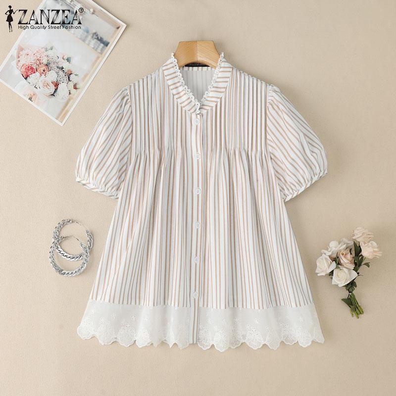ZANZEA Women Casual Turn Down Collar Short Sleeve Lace Splice Stripe Blouse