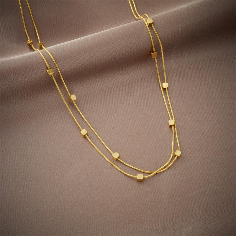 Gold Double Layer Snake Bone Chain Necklace with Cube Beads Minimalist Choker Necklace for Women Daily Wear