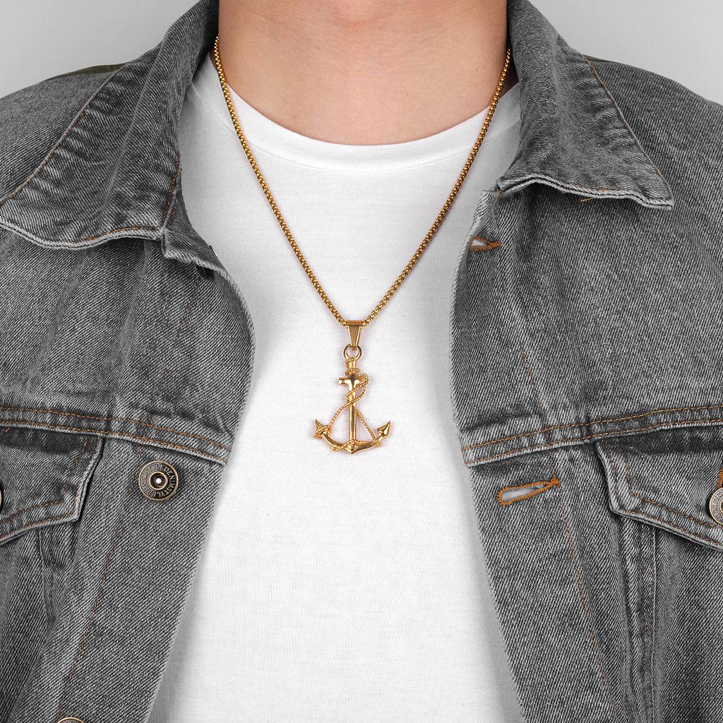 Golden  Color Anchor Men Necklaces Pendants Chain Punk for Boyfriend Male Stainless Steel Jewelry Creative Gift Wholesale