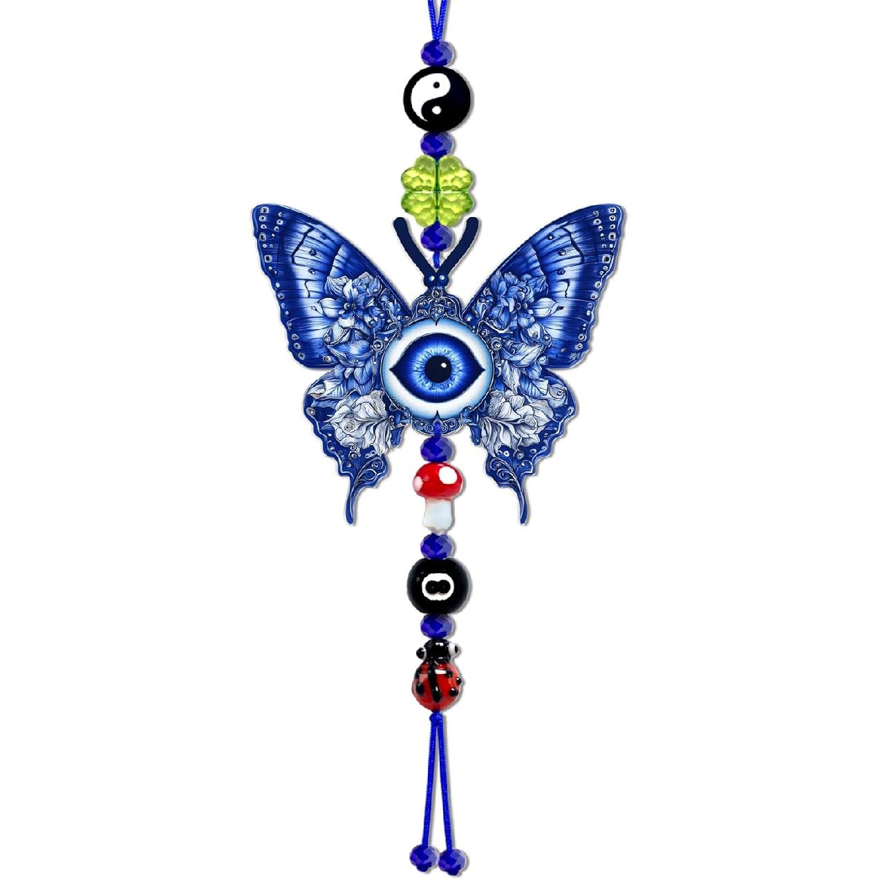 Evil Eye Car Hanging Ornament, Good Lucky Days Charm, 8 Ball Mushroom Four-Leaf Clover Ladybug Yin Yang Symbol Pendant for Car Rear View Mirror, Cute Evil Eye