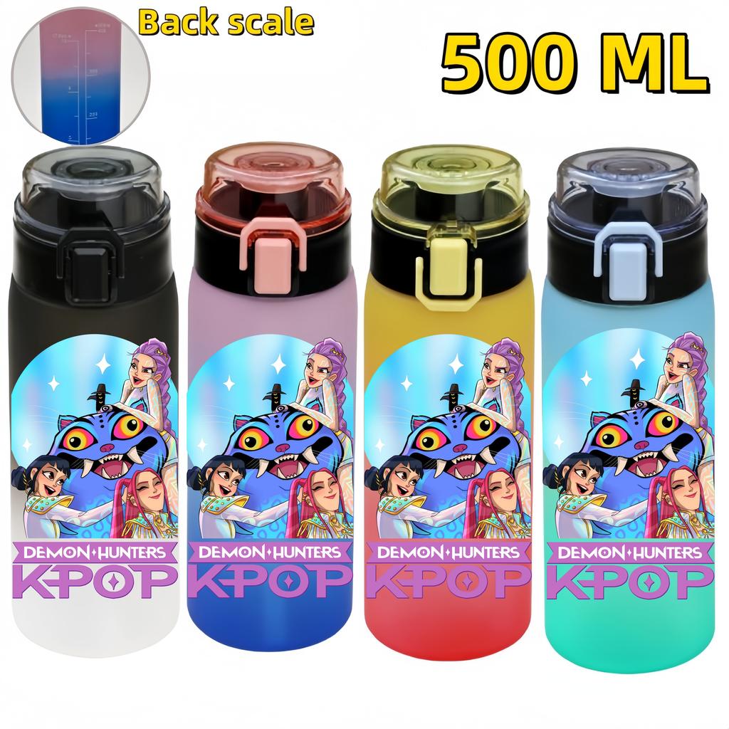KPop Demon Hunters Sports Water Bottle Portable Leak Proof Plastic Cup Level Line Outdoor Fitness 500ML with for Kid Friendly Entertaining Fun Play