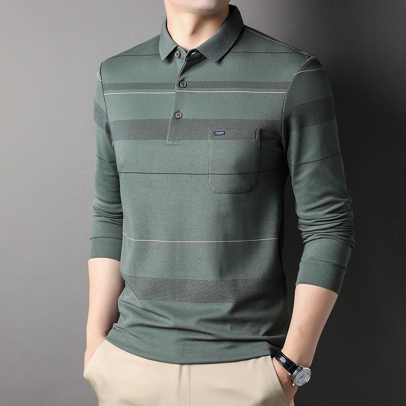 Autumn New Style Long-sleeved POLO Shirt with Pocket, Middle-aged Men's Casual Striped Bottoming T-shirt, Dad's Fashion Trend