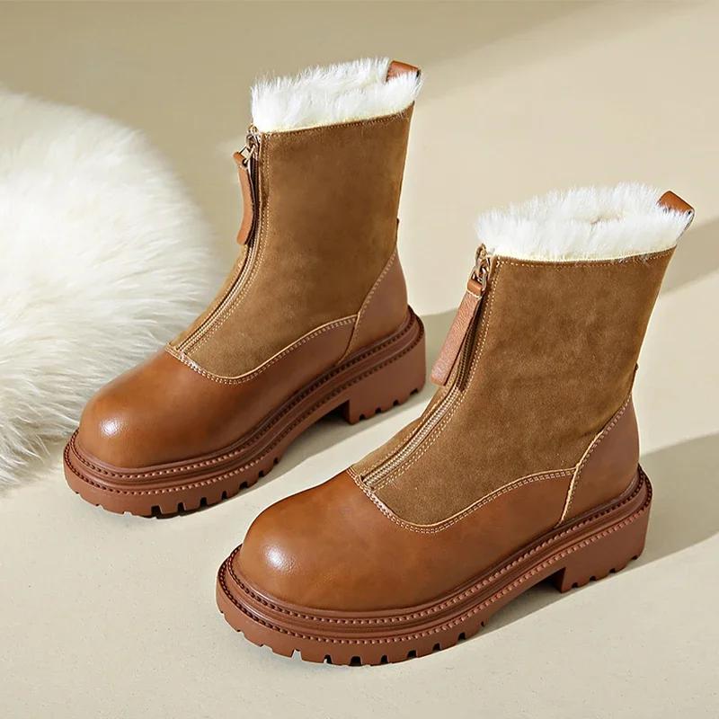 Warm Plush Boots Women Winter Shoes Chelsea Suede Platform Casual Women Ankle Boots Round Toe Fur Goth Feminina Brown
