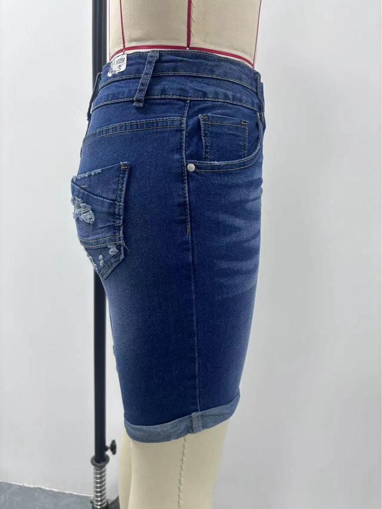 Women's Mid-Length Elastic Denim Shorts - Double-Button Washed Jeans, European & American Style Fashion.