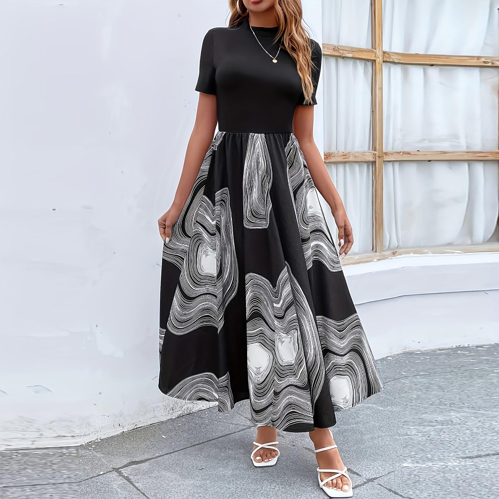 

Женское весенне-летнее повседневное платье миди с круглым вырезом, коротким рукавом, талией и цветочным принтом L чёрный