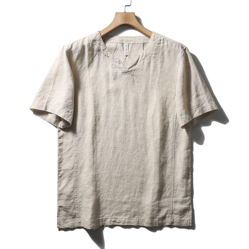 Chinese Style Natural Linen T-Shirt Men's Summer Thin New Arrival Loose V-neck Undershirt Export Export Men's T-shirt