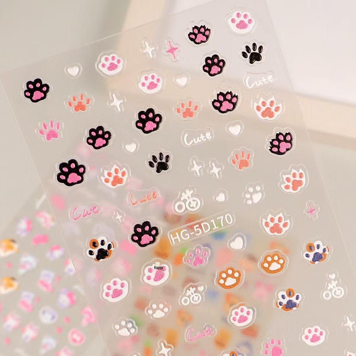 Xiaohongshu 3D Cat Paw Pink Embossed Jelly Nail Art Stickers