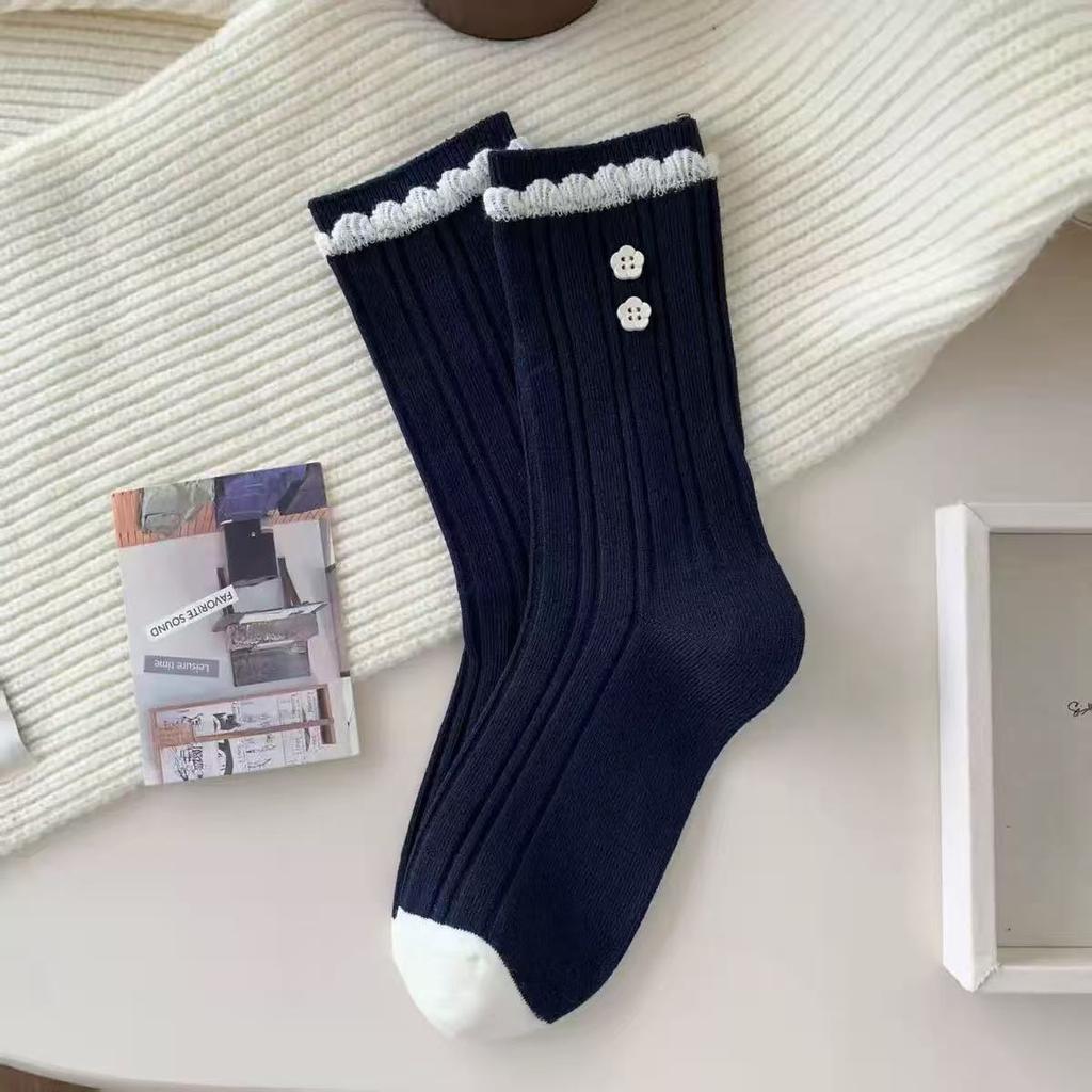 Korean Tibetan Youth College Style, Bow Socks, Small Flower Buttons, Bubble Mouth, Lace Jewelry Socks